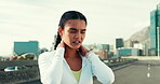 Active, woman and neck pain from fitness in city of sports injury, muscle strain and hurt joints. Person, discomfort and breathe for sprain accident, spine bruise and exercise mistake on urban bridge