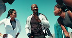 Running, series and coach with people in city for exercise, marathon training and fitness goals. Sports, trainer and group with high five, advice and huddle for performance, endurance and workout