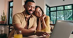 Bonding, couple and watching movies with laptop, relax and streaming of series, break and apartment. Happy, man and woman with tech for film on website, choice and smile for entertainment in house