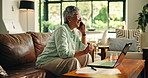 Phone call, laugh and laptop with old woman on sofa for retirement savings, virtual consultant and audit. Insurance report, contact and annuity fund with person talking in living room of home