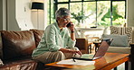 Phone call, smile and laptop with old woman on sofa for retirement savings, virtual consultant and audit. Insurance report, contact and annuity fund with person talking in living room of home