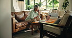 Phone call, research and laptop with old woman on sofa for retirement savings, virtual consultant and audit. Insurance report, contact and annuity fund with person talking in living room of home