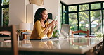 Happy, typing and woman with phone in home on social media, internet and website on break. Remote worker, laptop and person relax on smartphone for connection, chat and online message on mobile app