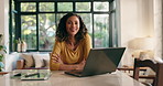 Woman, laptop and happy with remote work from home, arms crossed or face with project in living room. Person, writer and computer with pride, portrait and excited for freelance job in Costa Rica