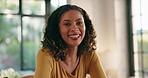 Happy woman, face and home with windows for morning, daydreaming or joy for interior design. Portrait, female person or designer thinking with smile in wonder for house improvement or renovation