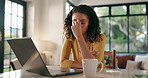 Frustrated woman, laptop and home with headache or stress for fatigue, mistake or burnout. Female person, upset or remote work with migraine on computer for difficult tasks or deadline at house