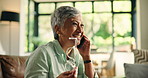 Senior, woman or happy with phone call in home for online consultation, finance planning or inquiry. Laughing, person and speaking to funny agent for pension account assistance or discussion on sofa