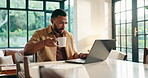Remote work from home, laptop and man with coffee, online reading and research for article. Internet, person and journalist in lounge, espresso or caffeine with pc, creative or email with news report