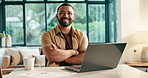 Arms crossed, face and smile with freelance man in home office for financial report or research. Accounting, budget and computer with happy remote work person in apartment for finance or investment