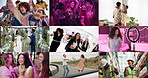 Montage, different people and dance for celebration, energy and freedom in warehouse. Happy group, music and moving with diversity at outdoor wedding party, night club and live streaming at home