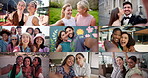 Composite, different people and face selfie with friends for happy memory, social media or photo. Collage, smile or group picture together for wedding party, holiday and diversity with funny POV
