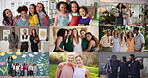 Montage, community and diversity with face of people for social development, future and support. Happiness, inclusion and connection with collage of group for network, education and professional