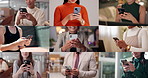 People, hands and collage with phone for network, global communication or business connection. Group, community or users typing on mobile smartphone in series or montage for data sync or social media