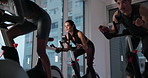 Ebike, people and woman in gym, training and cardio with body workout, energy and fitness. Person, group and athlete in wellness center, exercise machine and challenge with health, sweat or endurance
