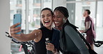 Fitness, friends and smile with selfie in gym for workout, progress post or social media update. Women, happy and photography at sports center for profile picture, exercise support or training memory
