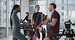 Coach, feedback and conversation for people, training or body wellness for workout goal. Personal trainer, fitness discussion and friends for endurance challenge, gym and equipment for spin class