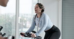 Smile, cycling and health with woman in gym for training, elliptical machine and cardio. Wellness, challenge and exercise with person on stationary bike in sports center for energy and spin class