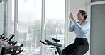 Coach, motivation and exercise bike for people, training or body wellness for workout goal. Personal trainer, cardiovascular fitness and joint mobility for endurance, gym and equipment for spin class