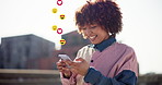 Phone, smile and woman with emoji for online dating, social media and love interest in city. Mobile, typing and person with app for heart icon, romantic message or reading funny meme with overlay