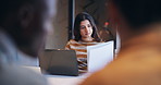 Business woman, laptop and documents for journalism, edit or copywriting at office desk. Female person, journalist or writer with paperwork on computer for information, data entry or company report