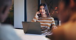 Laptop, business woman and phone call in office for news update, review story and coworking. Talk, mobile and happy worker with paper for source, meeting and journalist research in creative startup