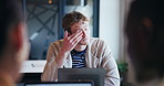Tired, businessman or stress with laptop for project or difficult tasks at office desk. Exhausted, man or employee with fatigue, eye strain or burnout on computer for overworked pressure at workplace