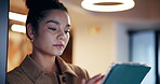 Tablet, serious and business woman in office for decor research, email or event planning at night. Digital technology, reading and creative worker in startup for venue design, review cost or deadline