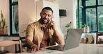 Documents, laptop and phone call with remote work man in home office for financial planning. Computer, conversation and finance with happy freelance employee in apartment for budget or investment