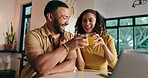 Happy, couple and cheers drink on laptop at house for good news, celebration and home loan approval. Smile, people and toast with juice of purchase success, property investment and insurance decision