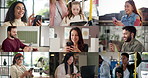 People, montage and technology with typing, text message and communication for reply. Mobile app, connection and social media with networking in series for collection with internet browsing or search