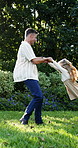 Love, spinning and father with daughter in nature for support, bonding and connection. Holding hands, game and happiness with man and child in backyard of family home for swinging, relax and trust
