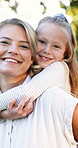 Piggyback, face or mom with child in outdoor backyard for love, hug or bonding with single parent. Portrait, safety or happy mother in park with support, security or smile with kid on family holiday