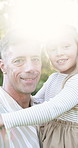 Carry, face or dad with girl in park for love, hug or bonding together with single parent. Holiday, lens flare or portrait of happy father in nature with support, security or smile with kid or family