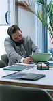 Businessman, phone call and multitasking with tablet or documents for project proposal at office. Man, accountant or financial advisor talking with papers, laptop or technology for corporate deadline