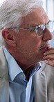 Business, thinking and man in office, ideas and glasses with corporate vision, solution and broker. Mature person, employee and financial consultant in workplace, eyewear and choice with decision