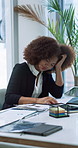 Business woman, documents and stress with workload for project, tasks or deadline at office desk. Frustrated, female person or financial analyst with paperwork, pressure or anxiety at workplace