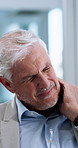 Stress, neck pain and mature businessman in office with burnout, discomfort or injury for fatigue. Exhaustion, cramp and professional male CEO with muscle sprain, stiffness or accident in workplace.