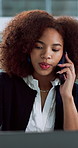 Business, phone call and black woman in office, laptop and conversation with decision for company audit. African person, employee and financial advisor with smartphone, talking and risk management