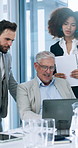 Feedback, manager and business people in office with laptop, report or document for discussion. Computer, paperwork and mentor with financial advisors for review on investment proposal in workplace.