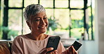 Mature woman, phone and credit card on couch, happy or dancing for ecommerce, sale or deal in home. Person, smartphone and mobile app for fintech, click or easy payment for online shopping at house