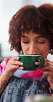 Relax, smell coffee and happy woman in home with aroma for peace, calm and break. African person, smile and scent of tea cup in house with beverage, morning latte or enjoy drink with satisfaction