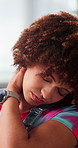 Stress, remote work and woman in home with neck pain, injury or accident with burnout. Freelancer, stretching and female creative editor with muscle sprain, tension or inflammation in apartment.