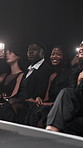 Woman, audience and fashion show at runway event as designer, clothes collection and label launch. Smile, stylist and crowd with model on stage for luxury brand, showcase outfit and gala performance