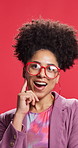Fashion, glasses and thinking with black woman on red background for idea, inspiration or solution. Afro, face and planning with happy person in studio for brainstorming, problem solving or vision