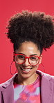Face, woman and smile for fashion in studio with glasses, trendy clothes and agreement. Portrait, African female person and proud with jewellery, stylish outfit and bold accessories on red background