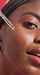 Pipette, serum and face of black woman with skincare, beauty or glow treatment with happiness. Laugh, cosmetic and portrait of African female person with dropper for facial dermatology routine.