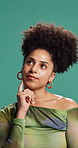 Thinking, fashion and woman in studio, ideas and contemplation on green background. Stylish clothes, happy person or model with solution, decision or choice with problem solving, wonder or creativity