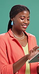 Studio, fashion designer and woman with tablet, smile and browsing for order on website or laughing. Green background, stylist and black person with tech for online store, trendy and stylish clothes