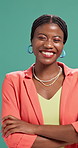 Smile, crossed arms and face of black woman by studio background with confidence for corporate career. Happy, portrait and African female financial manager from Nigeria with pride for job opportunity