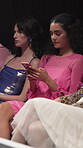 Fashion show, audience and woman with phone, event and review for runway on social media and online. First row, journalist and person with mobile for blog, typing and notes for magazine or website